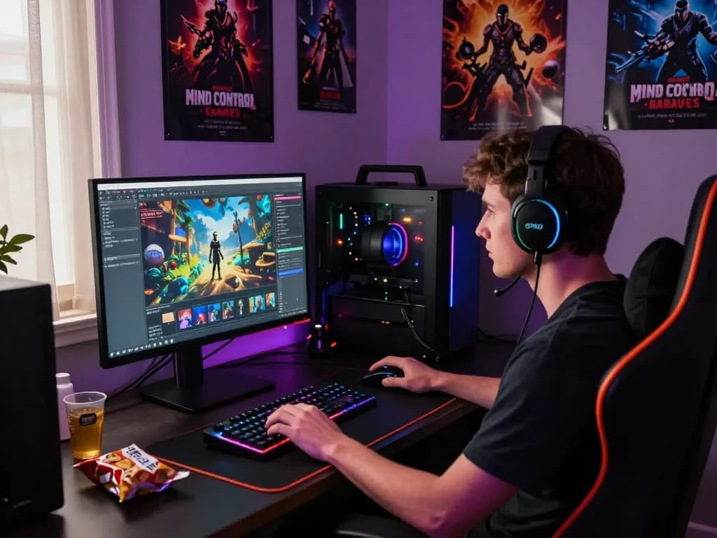 Immersed in a captivating mind control porn game, a focused player enjoys gaming with LED lights and dual screens enhancing the experience.