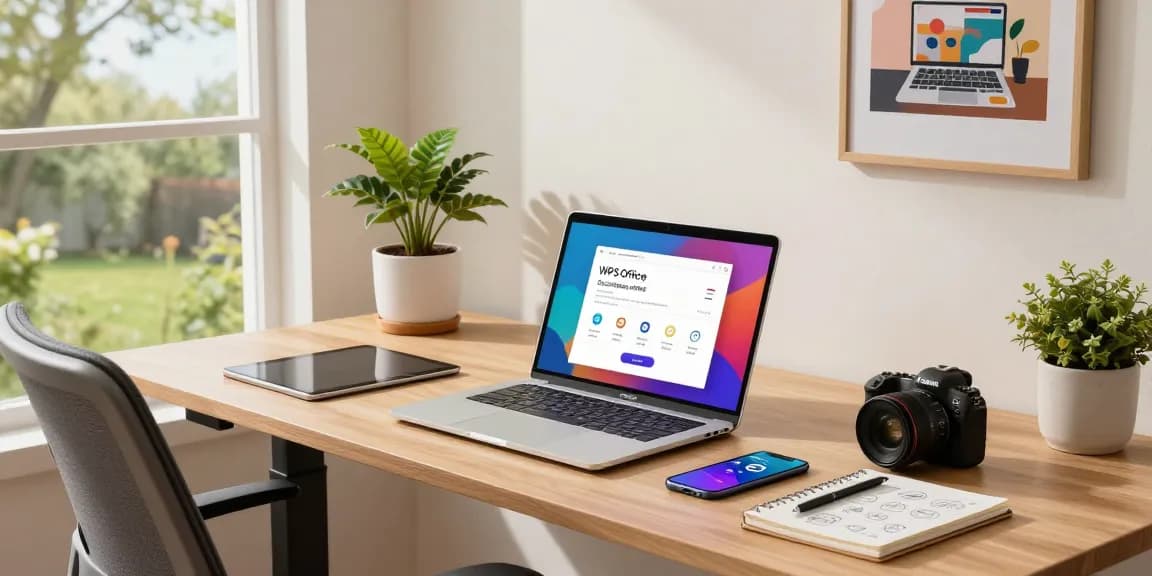 User preparing to WPS Download on a sleek laptop in a modern home office.