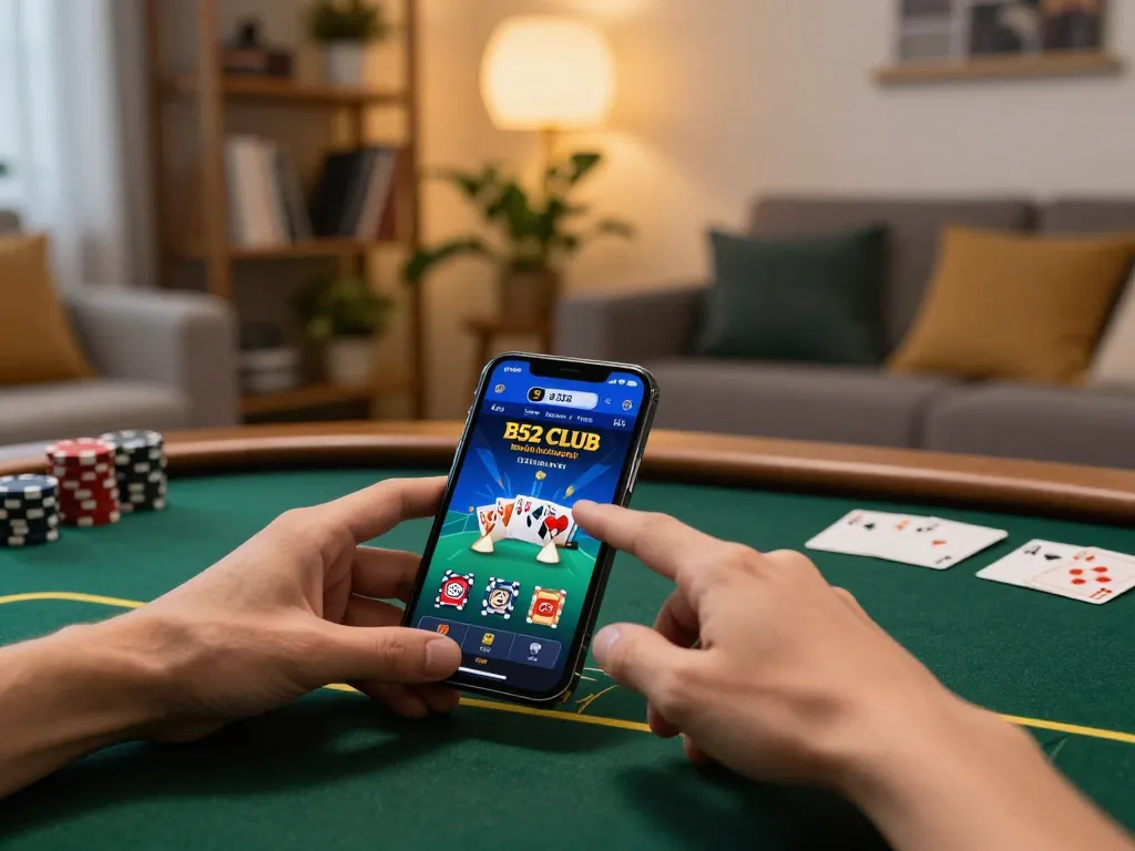 Người chơi câu lạc bộ B52 đang lập chiến lược trong một trò chơi poker trực tuyến trên điện thoại thông minh trong không gian ấm cúng tại nhà