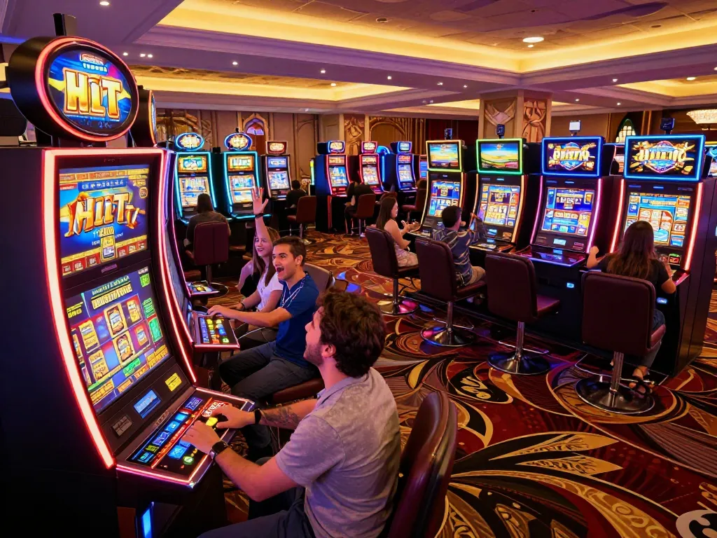 Người chơi cổ vũ tại máy đánh bạc Hit Club với ánh đèn casino rực rỡ và những người bạn phấn khích