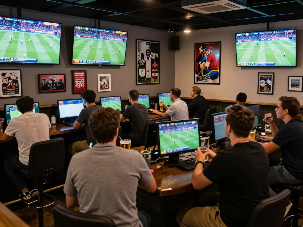Patrons engaging in thrilling sports betting at a lively venue, showcasing NHÀ CÁI FABET excitement.