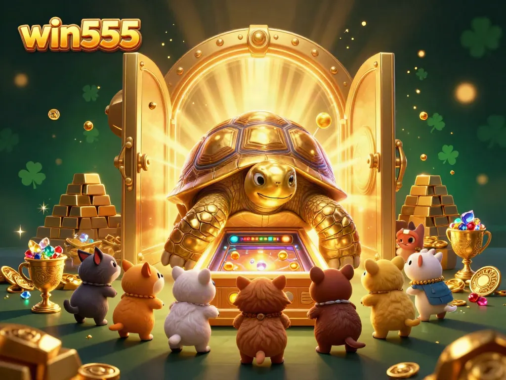 Experience thrilling gaming at win555 with a dynamic scene featuring a giant tortoise pinball machine and treasure.