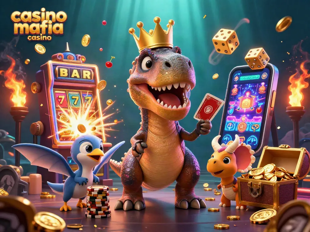 Experience excitement with casino mafia casino as a T-Rex plays cards, surrounded by riches.