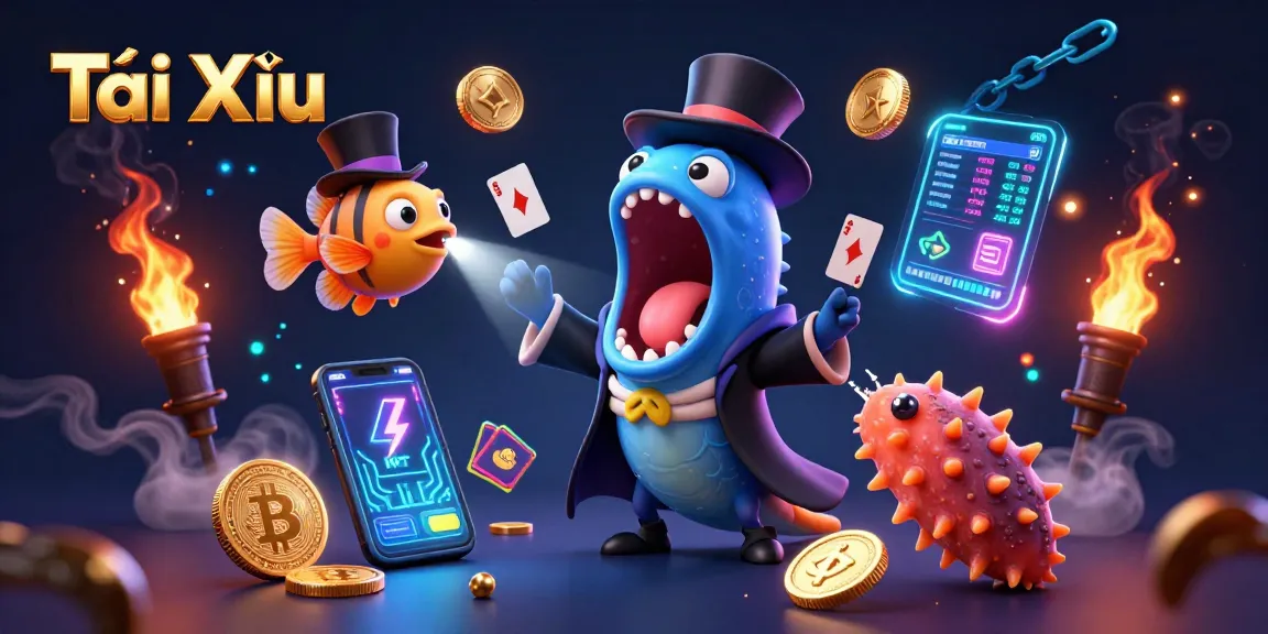 Engage in Tài Xỉu with a vibrant scene featuring a bioluminescent eel and anglerfish amidst neon currency elements.