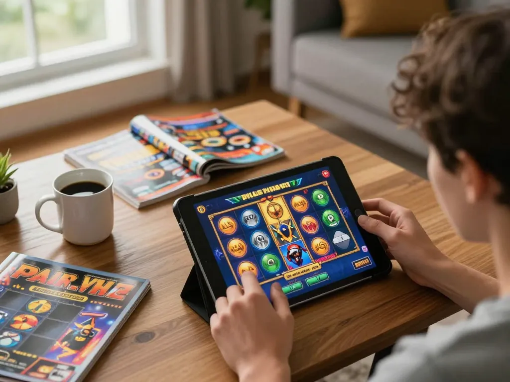 Engaging in online gaming at home on Trang chủ F168, showcasing vibrant slot game graphics and a cozy atmosphere.
