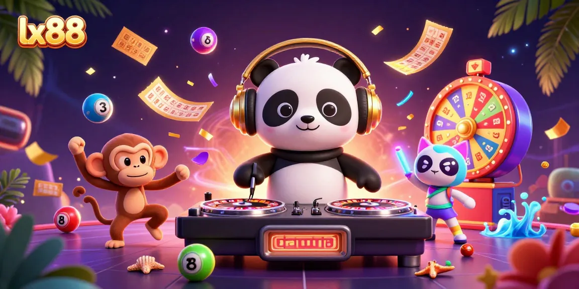Experience vibrant gaming thrills with lx88 in this lively 3D casino scene featuring exciting characters and game elements.