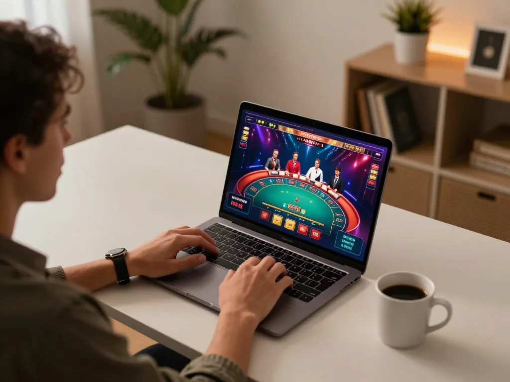 Engaging online gaming setup with a user actively playing lc88 casino games on a sleek laptop.
