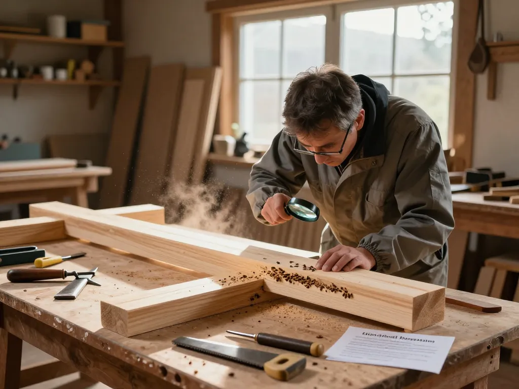 Artigiano che esamina i segni di danno da tarli del legno in un laboratorio di lavorazione del legno.