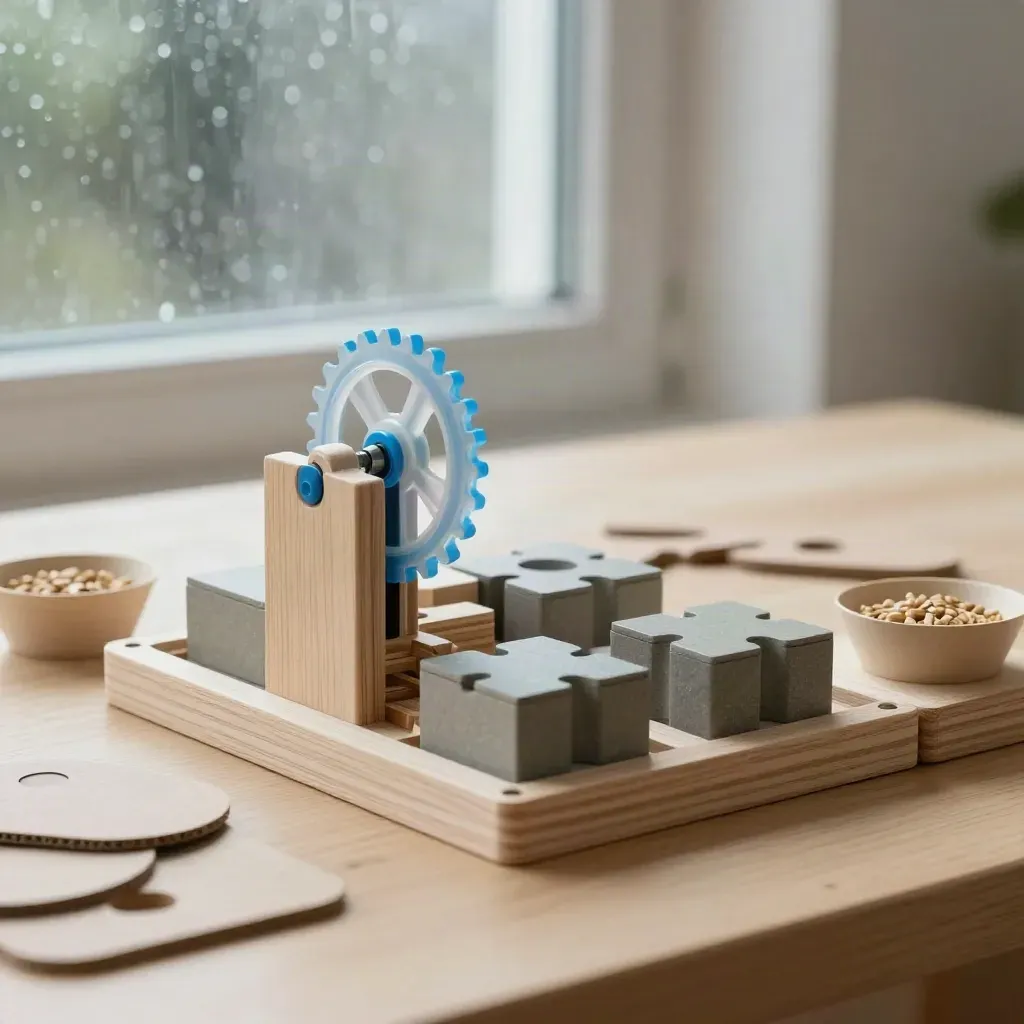 Kit STEM, puzzle box e blocchi creativi su tavolo di legno, luce dopo la pioggia.