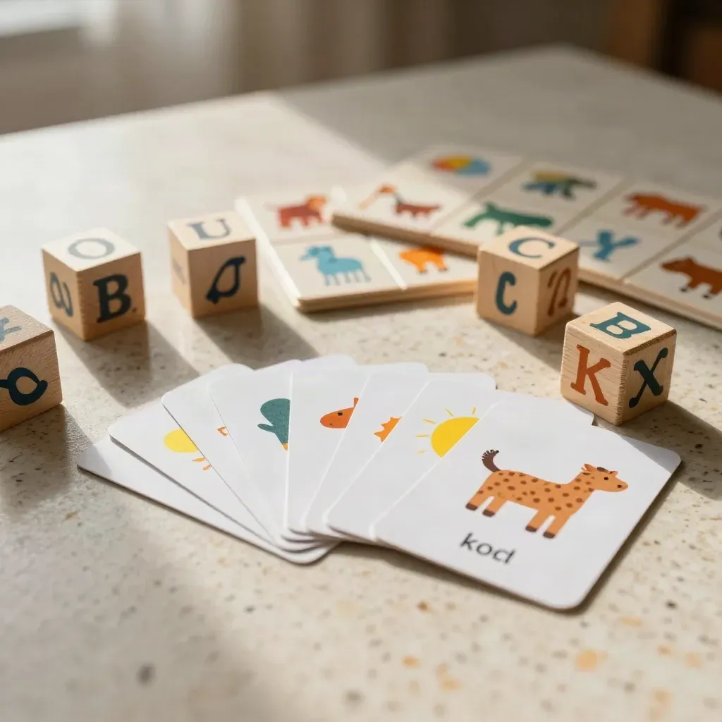 Carte didattiche e blocchi alfabetici su tavolo in rovere con luce calda