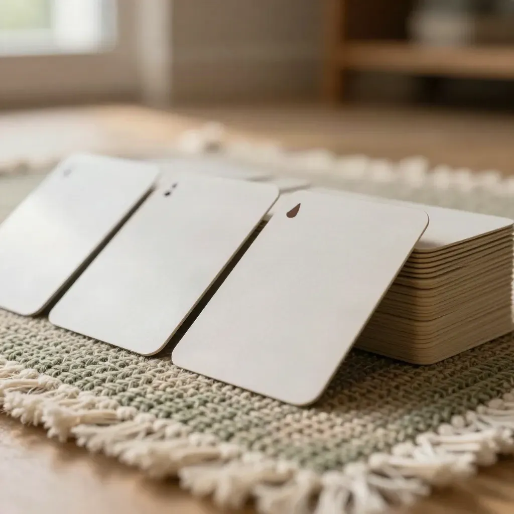Carte memory rovesciate su piccolo tappeto neutro, una carta scostata dopo l’abbinamento