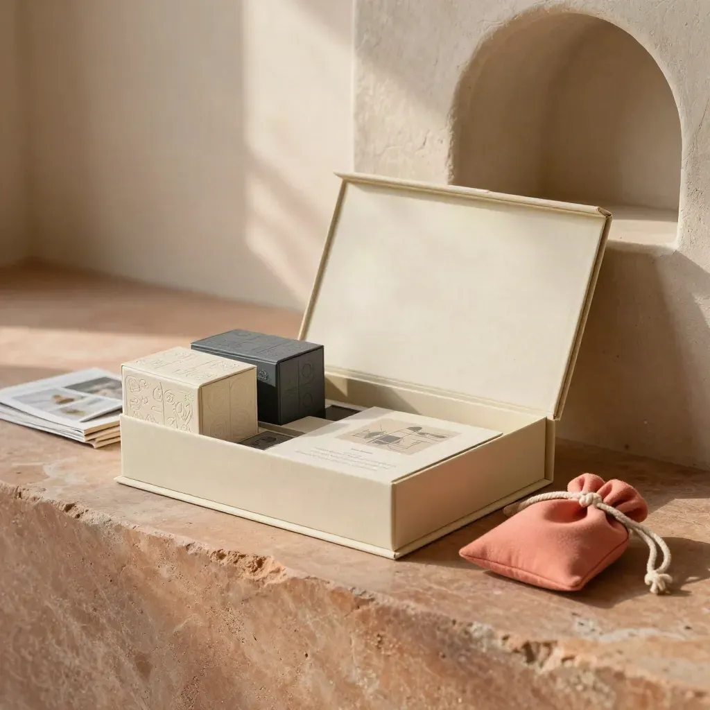 Kit regalo creativo per 6 anni su lastra di pietra con box puzzle, quaderno e sacchetto di stoffa.