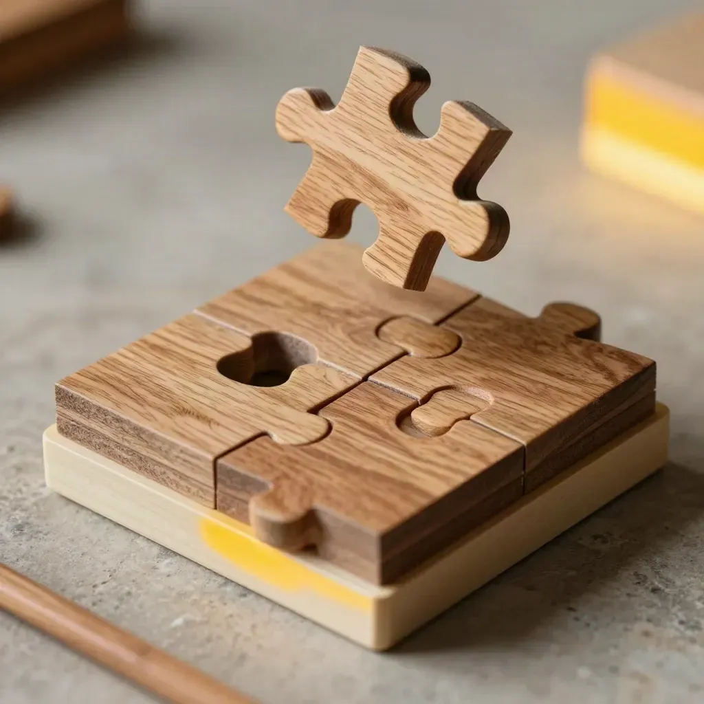 Puzzle di legno in bilico su pietra chiara, ripresa dall'alto con luce calda.