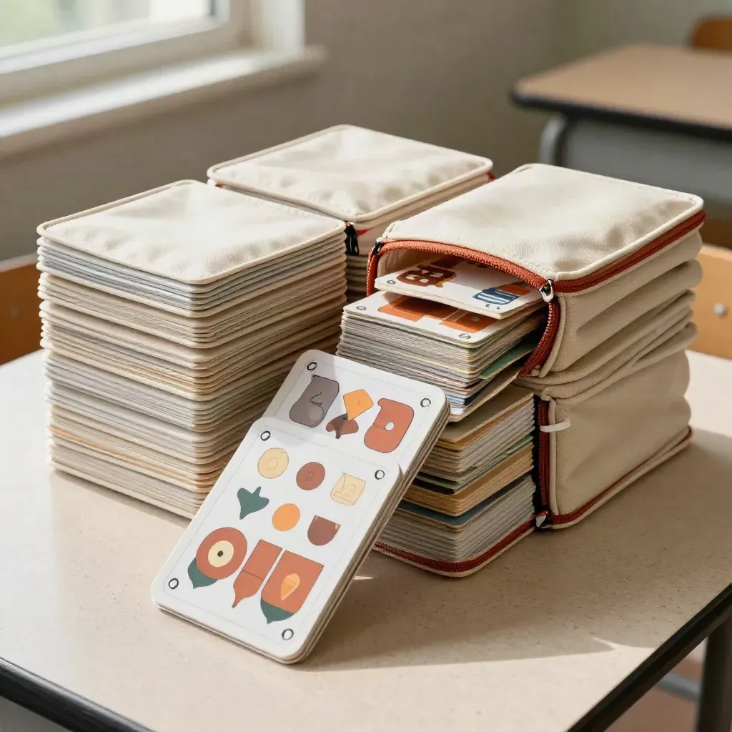 Pacchi di giochi per la classe impilati su banco scolastico, pronti per una pausa attiva.