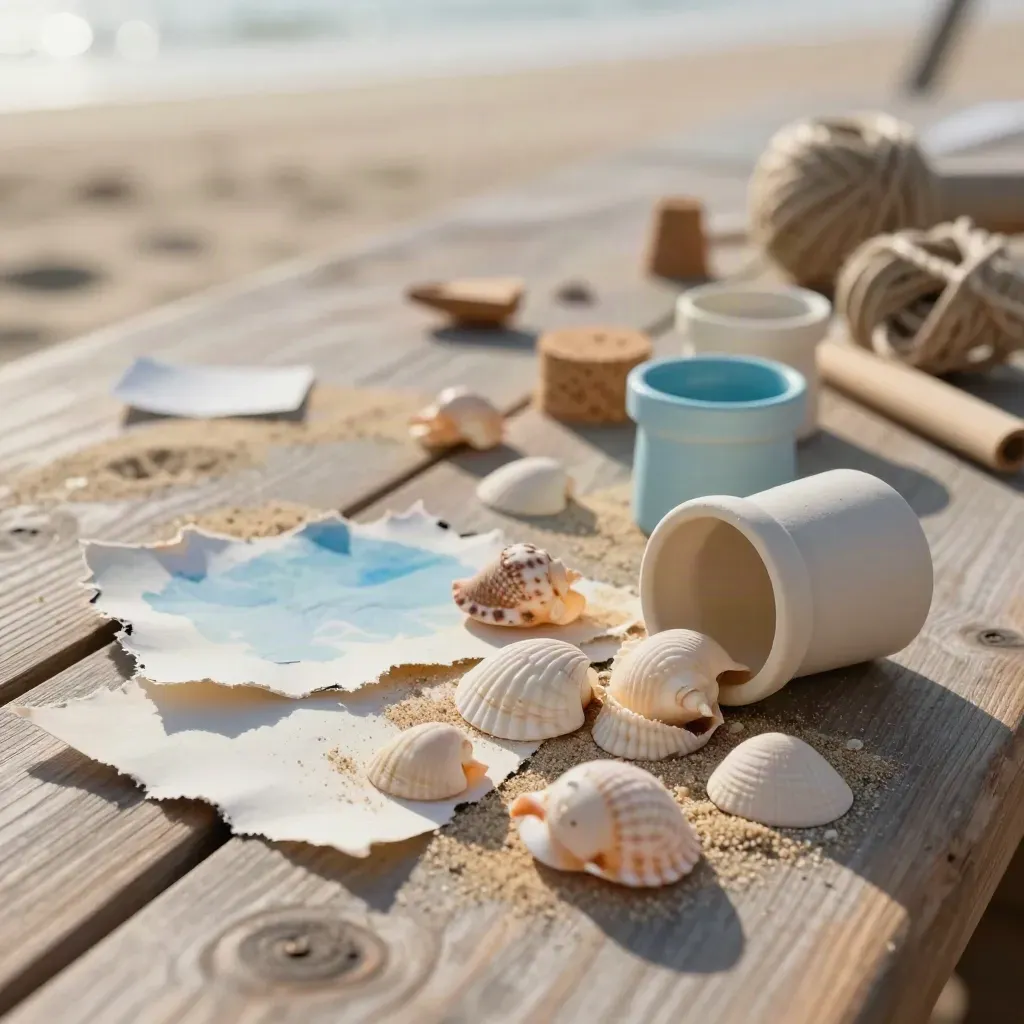 Kit creativo mare con conchiglie, tempere spente e carte ruvide su tavolo slavato