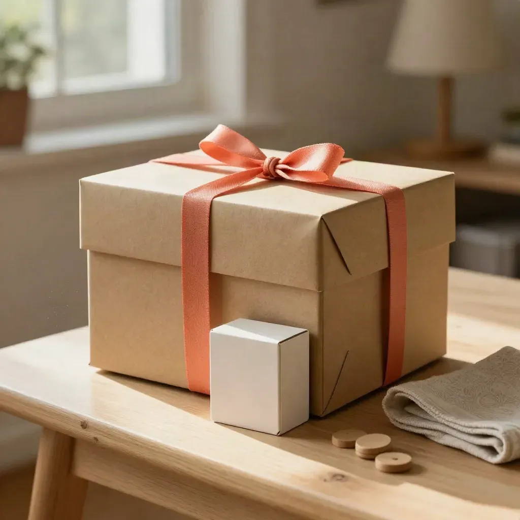 Tre giochi regalo per 5-7 anni su panca di legno con luce calda del tardo pomeriggio.