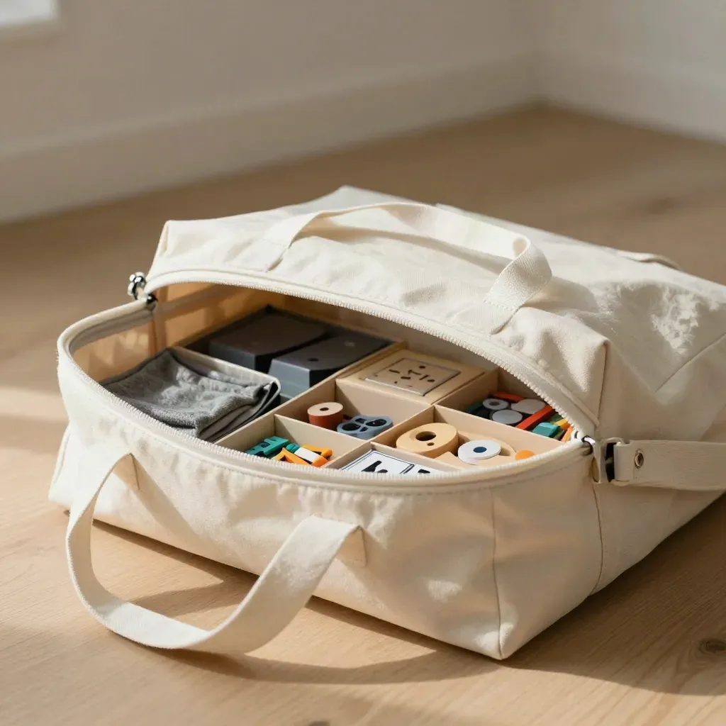 Borsa porta-kit aperta con giochi e materiali creativi ordinati su legno chiaro.