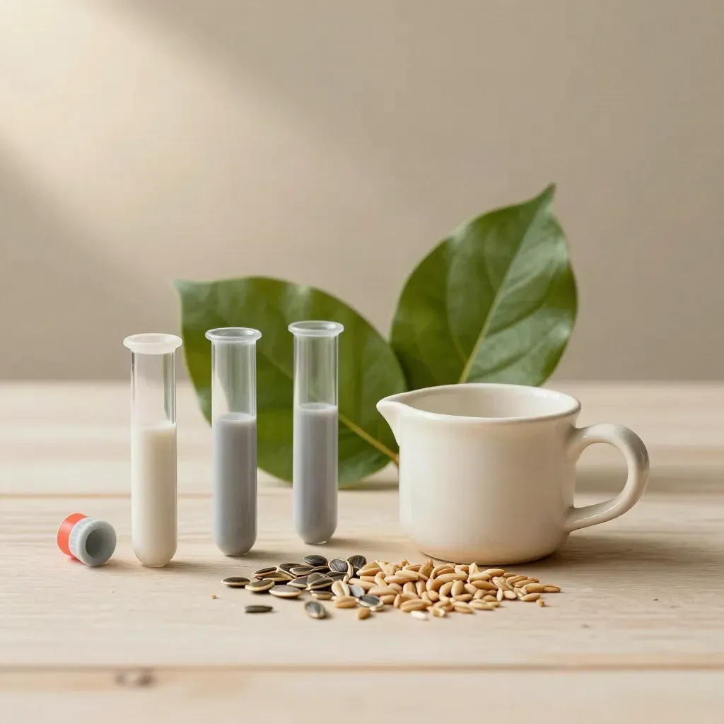 Kit STEM con provette opache, semi secchi, misurino in ceramica e foglie su legno chiaro.