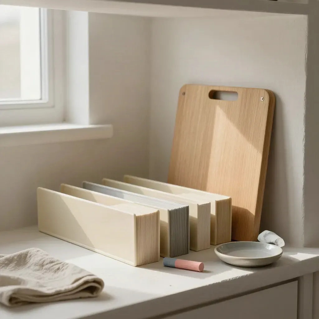 Set scuola e classe su mensola chiara con contenitori bassi, schede chiuse, pastelli spenti e tagliere in legno.