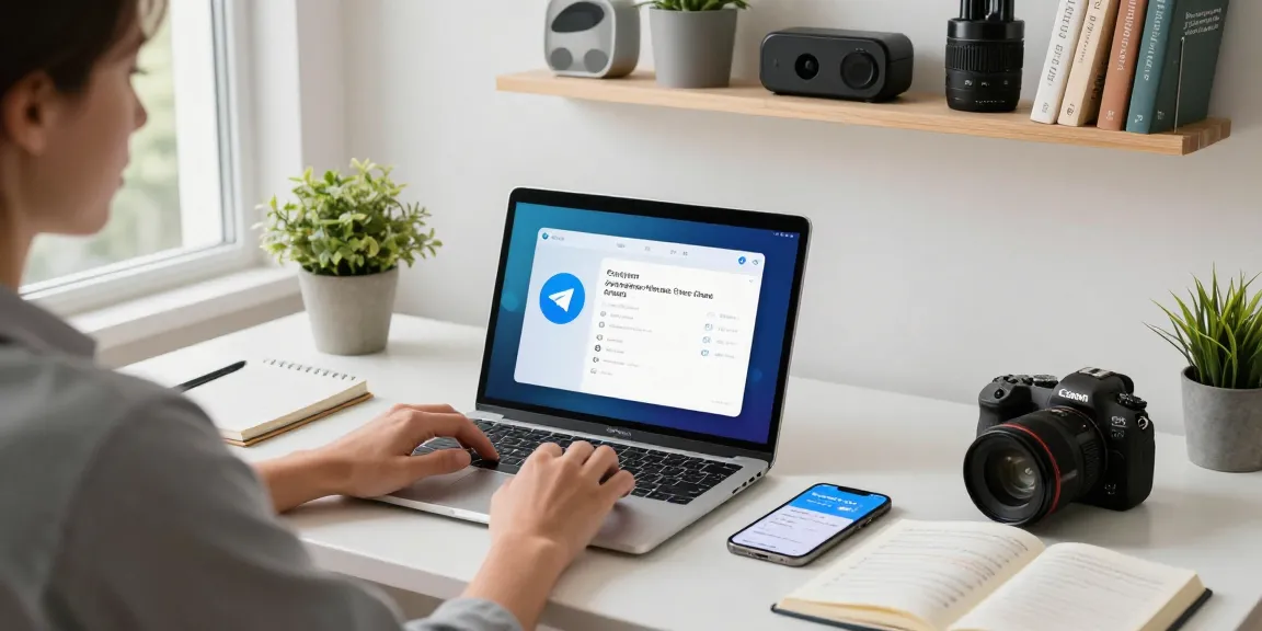 Enhance your Telegram Chinese experience in a modern home office setting with user interacting with the app.