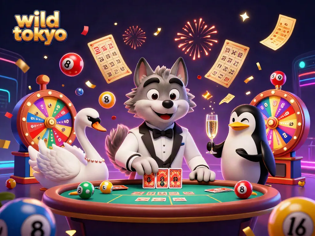 Experience vibrant gameplay at wild tokyo casino with a 3D stunning illustration of a cartoon wolf and swan at a baccarat table.