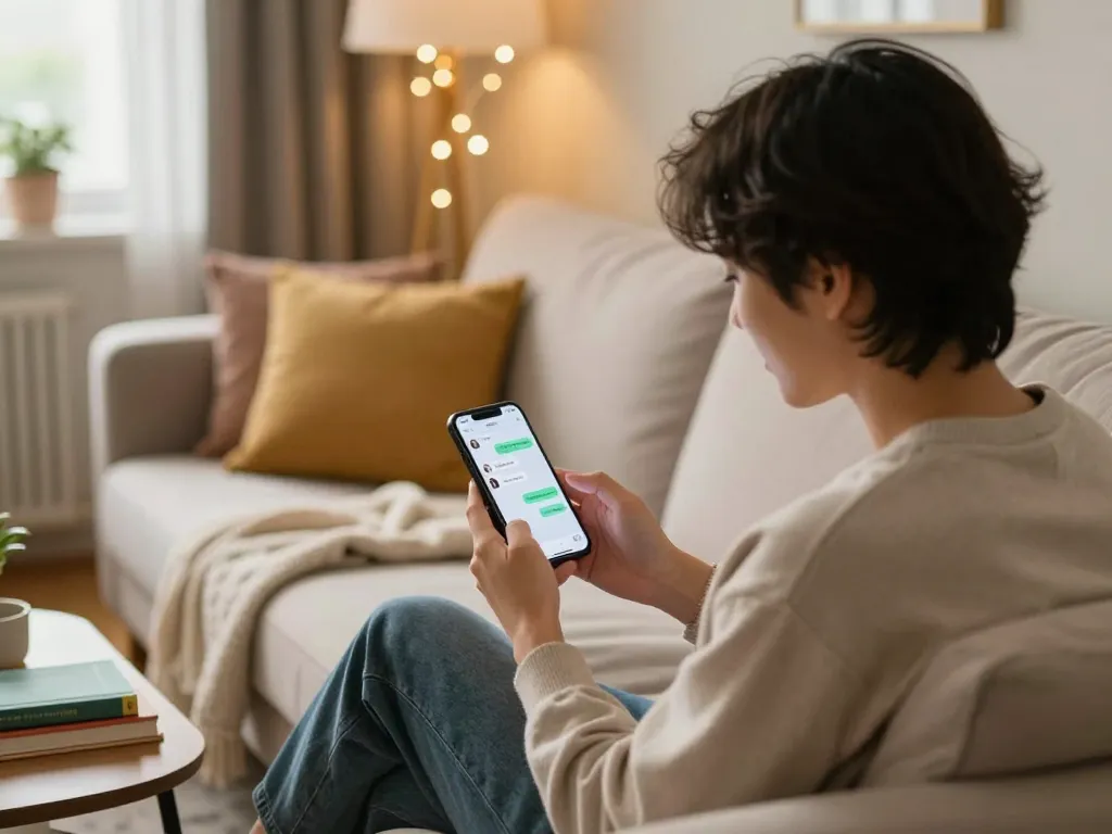 Engaging sex AI chat on a cozy sofa with warm lighting.