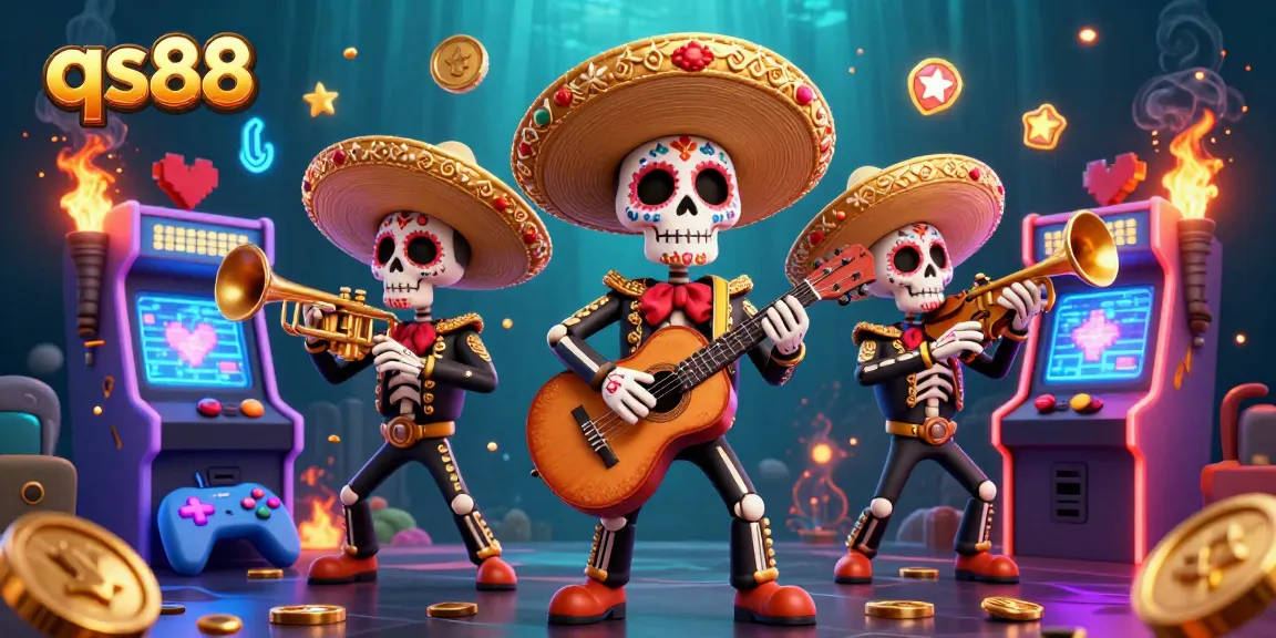 Experience the interactive fun of qs88 with a vibrant 3D mariachi band surrounded by dynamic casino game elements.