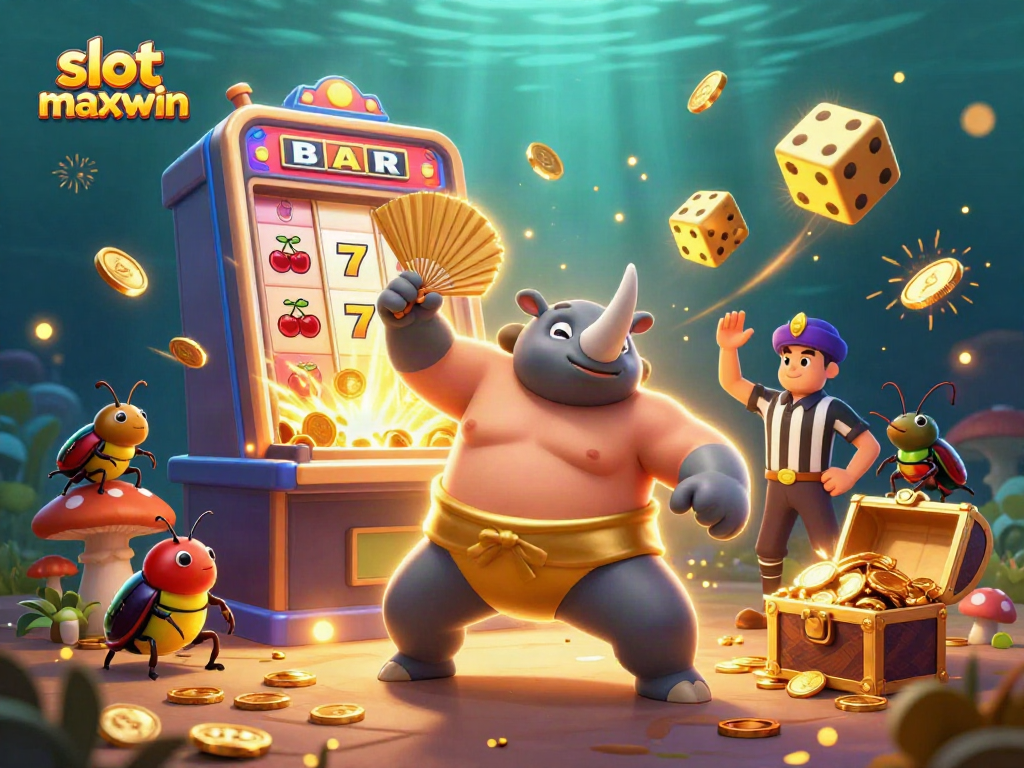 Experience slot maxwin as a champion rhino beetle unleashes golden coins in a lively casino scene.