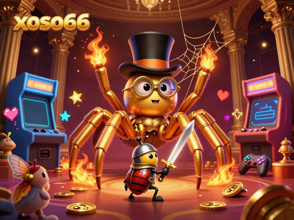 Engage with xoso66's thrilling gaming world featuring a golden tarantula, beetle knight, and vibrant casino elements.