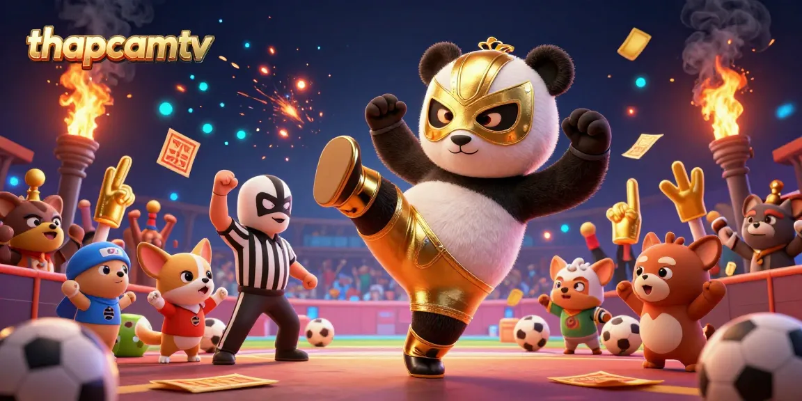 thapcamtv showcasing a lively sports betting scene with a panda wrestler and cheering fans.