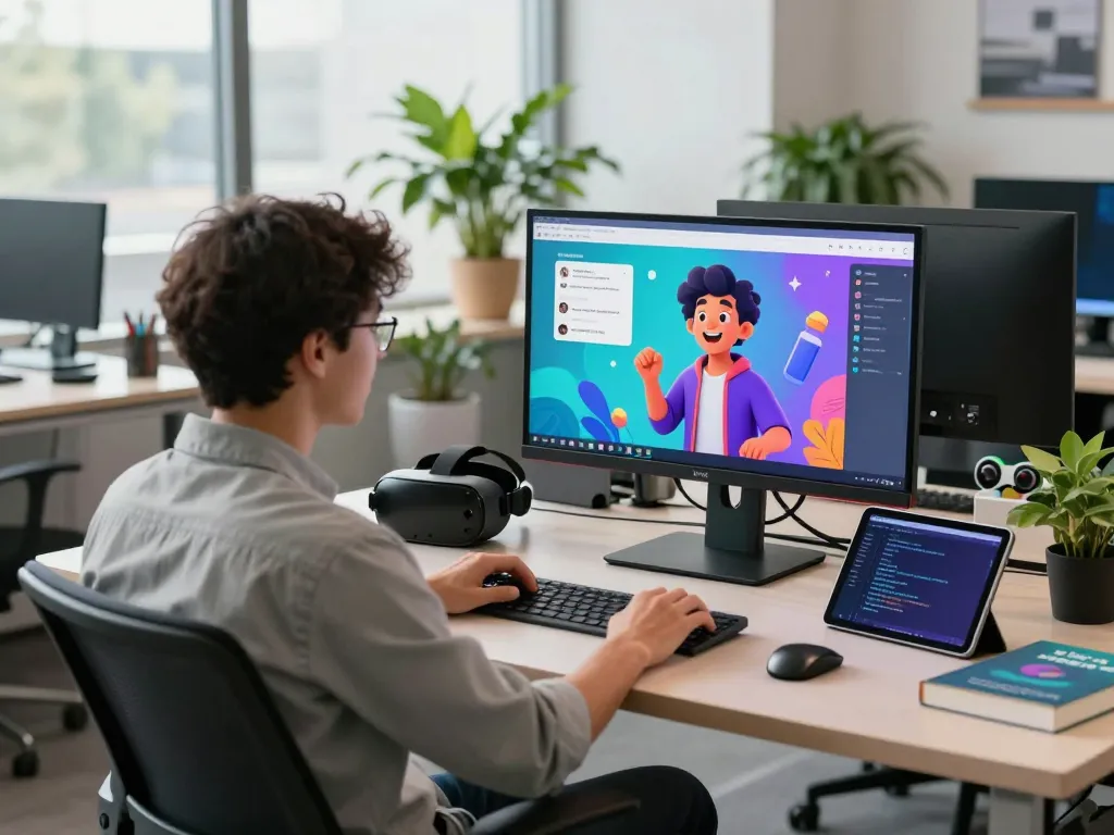 Interactive scene showcasing crushon ai character chat experience in a modern tech office.