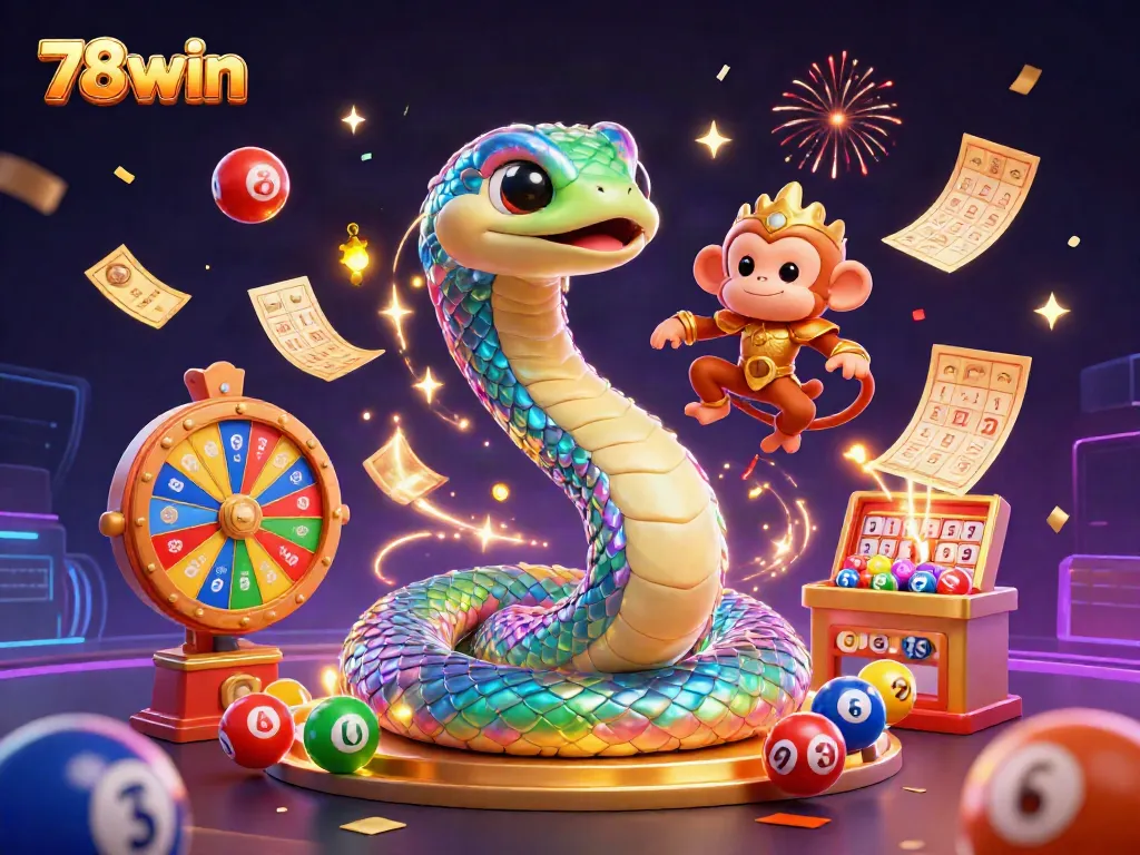 Engage in winning strategies at 78win with a vibrant, dynamic illustration of a playful scene filled with lottery elements.