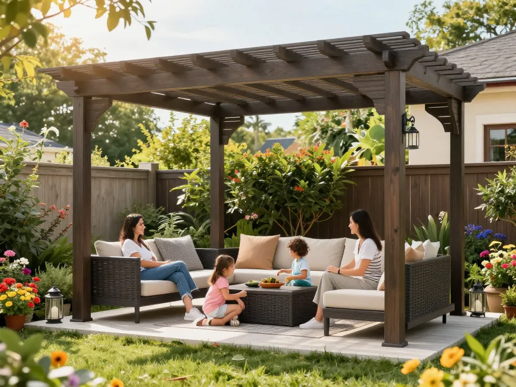 Family enjoying their stylish configuratore 3D pergola in a vibrant garden.