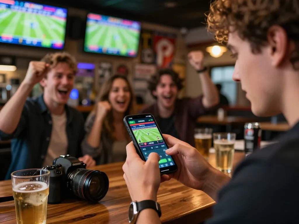 Placing live bets with open88c mobile app in a vibrant sports bar atmosphere.