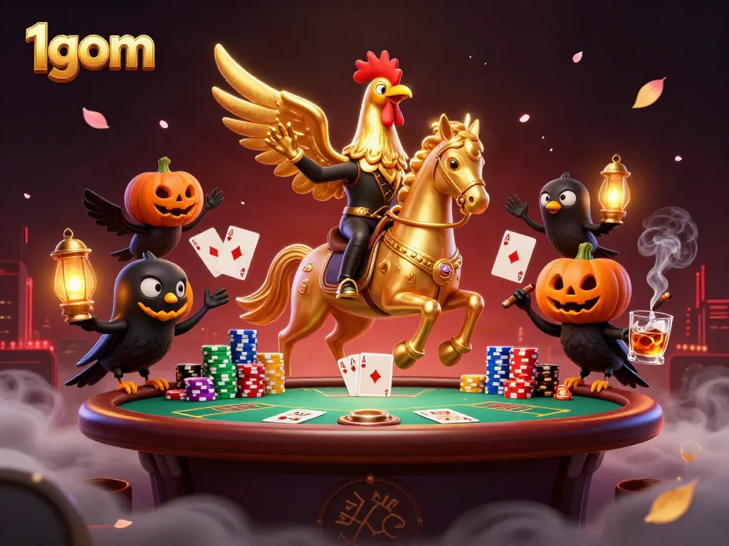 Join 1gom's thrilling action with a golden rooster riding a spectral horse in a casino scene filled with poker elements.