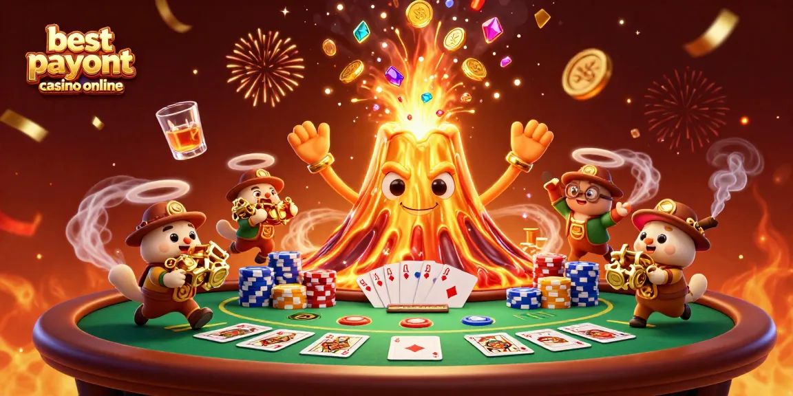 Experience the thrill of the best payout casino online with joyful animals and a triumphant volcano scene.
