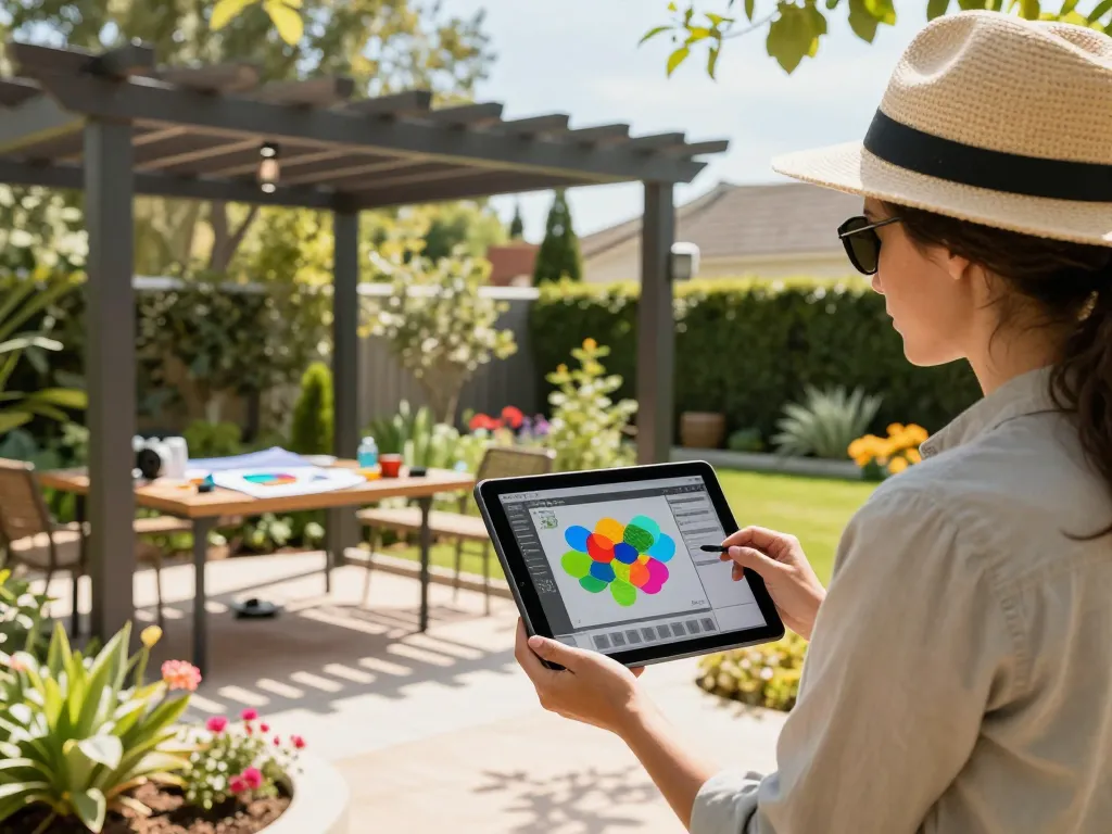 Scena coinvolgente di un designer che utilizza software pergole per aziende per creare strutture esterne personalizzate in un giardino accogliente.