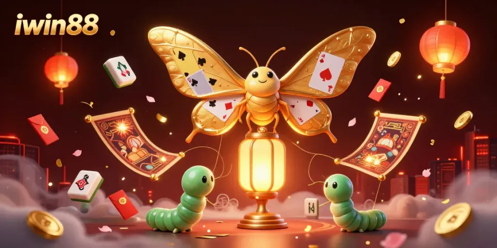 Win big with iwin88: Experience a vibrant 3D casino scene featuring a majestic atlas moth and charming casino elements.