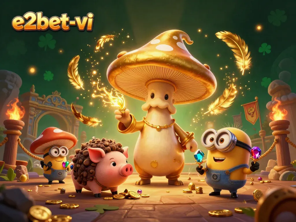 E2bet-vi immerses you in a vibrant 3D casino world featuring a golden wizard and treasure pigs.