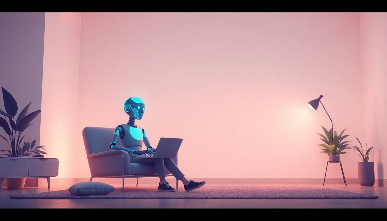 Engaging with a friendly AI chatbot for a sex ai chat experience in a modern, cozy setting.