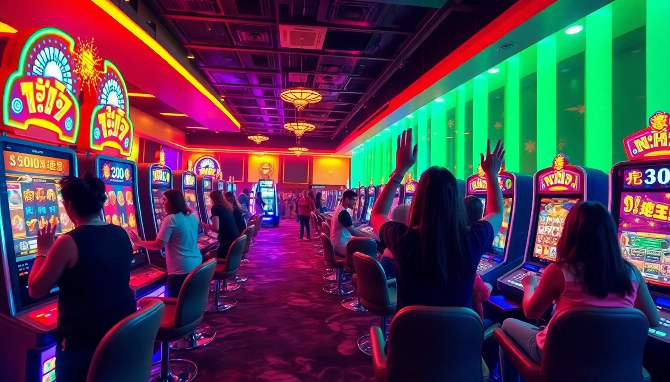 Nổ Hũ gaming scene showcasing vibrant casino atmosphere with players celebrating wins