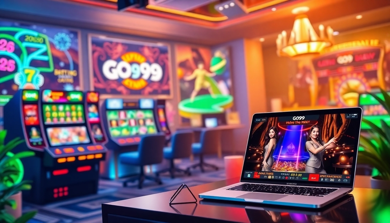 Experience online gaming excitement at https://go99.now/ with vibrant visuals of slot machines and live betting.