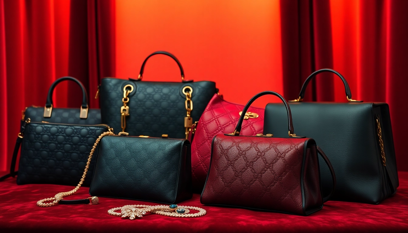 명품 이미테이션 고급 가방이 배치된 모습, 깊은 보석 색조의 배경에서.