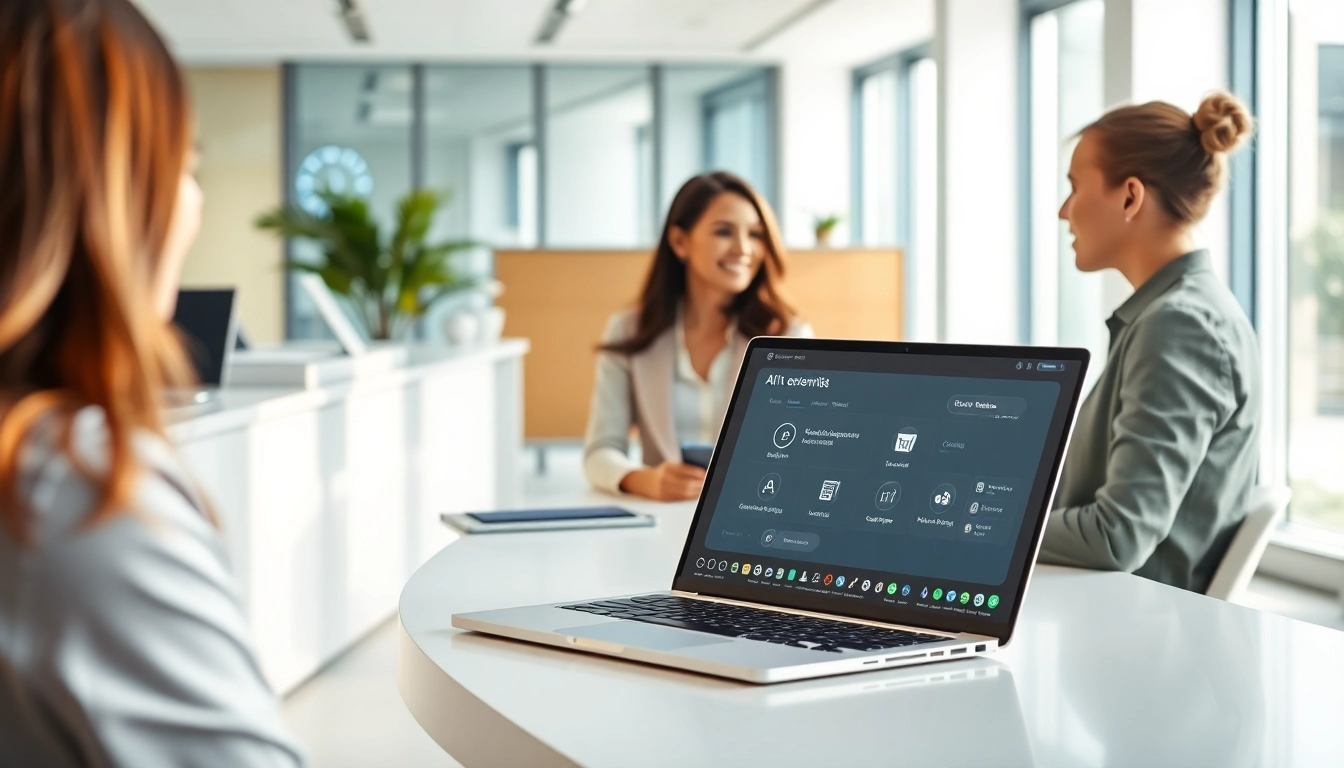 Engaging professional AI Receptionist assisting clients in a modern office environment.