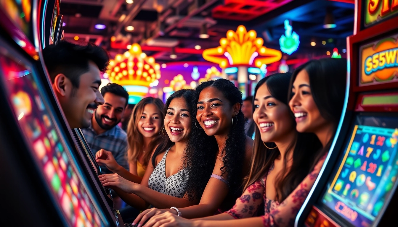 Exciting scene at a casino featuring players engaging with 555win slot machines, showcasing joy and anticipation.