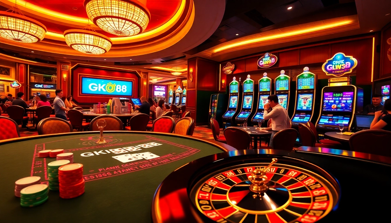 Experience the excitement of GK 88 with lavish casino tables, vibrant poker chips, and stunning gaming visuals.