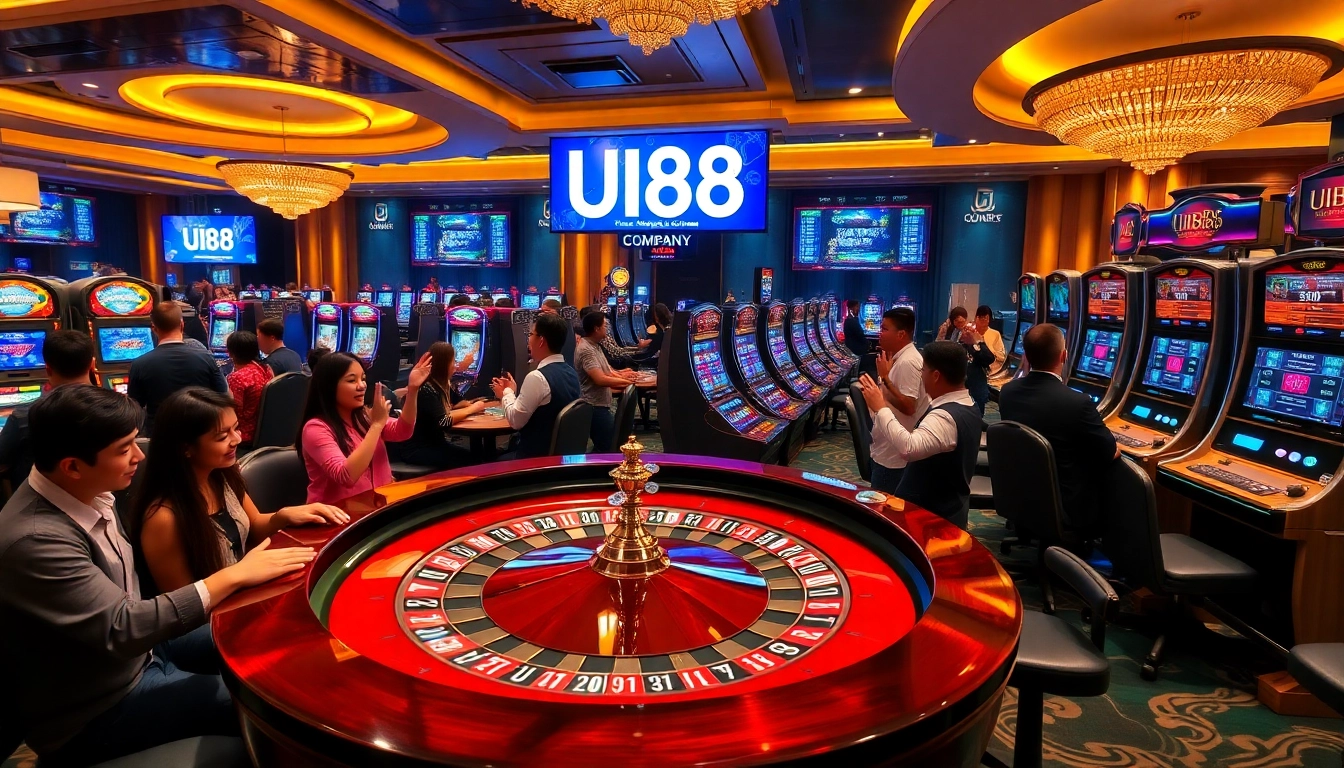 Exciting gameplay at UU88 company casino with vibrant roulette, colorful chips, and cheerful patrons.