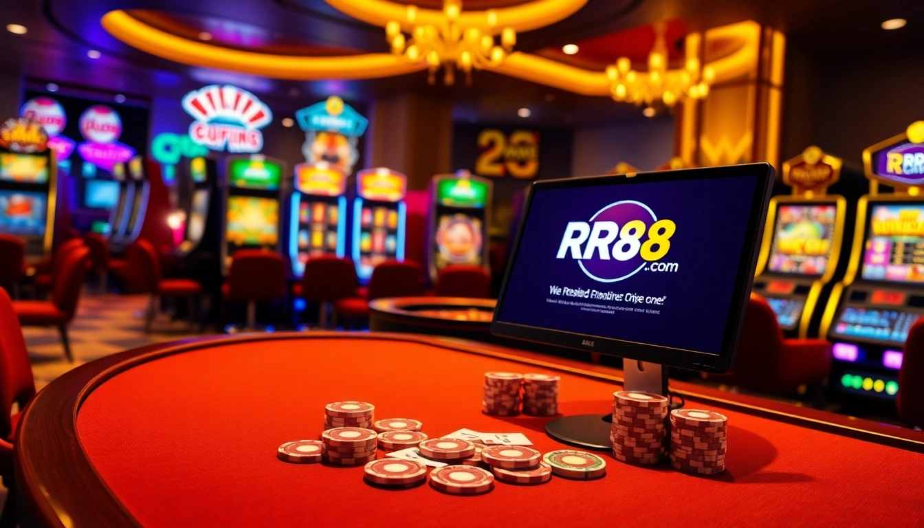 Engage with RR88 Com's thrilling casino ambiance, filled with poker chips, roulette, and slot machines.