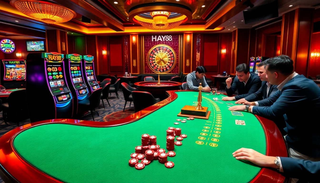 Experience high-stakes gaming at HAY 88 casino featuring luxurious tables and vibrant slot machines.