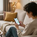 Engaging sex AI chat on a cozy sofa with warm lighting.
